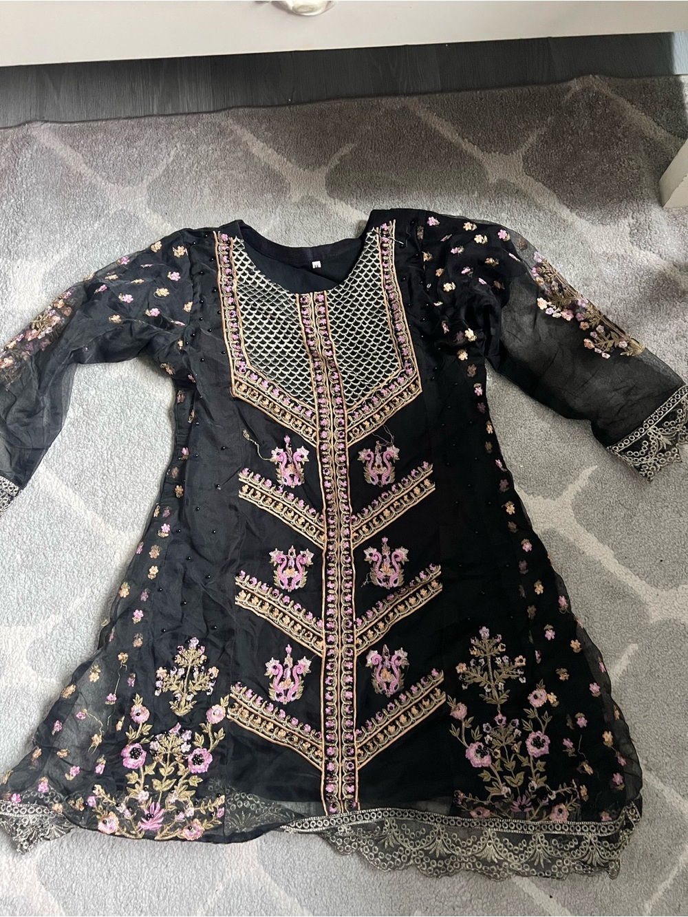 Black Embroidered Girls' Dress with Pink & Gold Accents